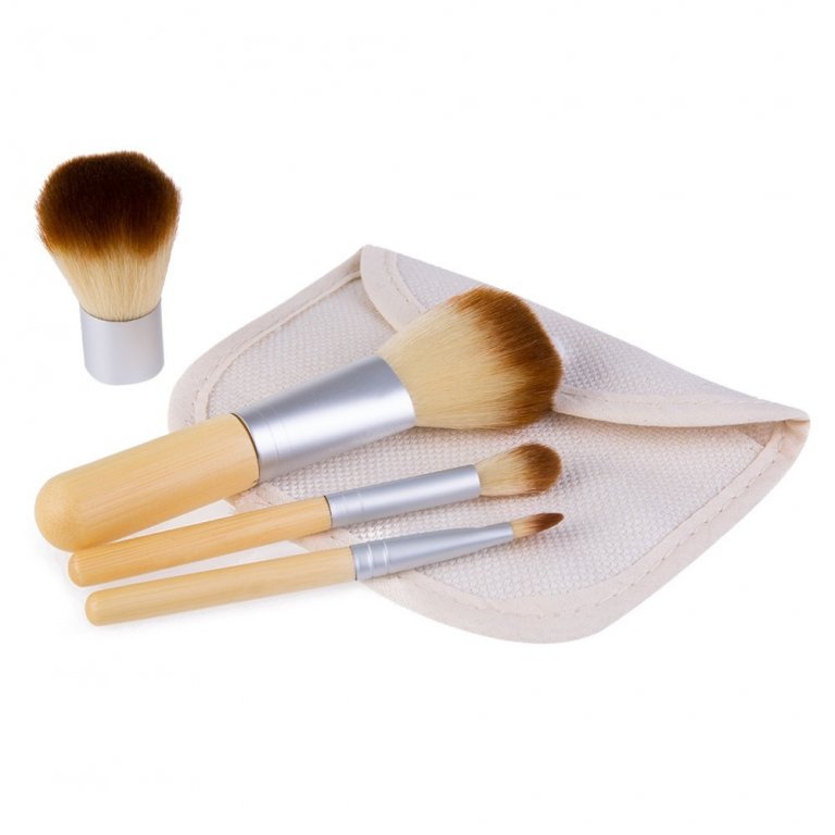 Компактный набор 4 кистей для макияжа с ручками из бамбука для нанесения минеральной косметики 00